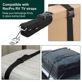 Malae straps installed on an RV TV showing secure anti-tip protection