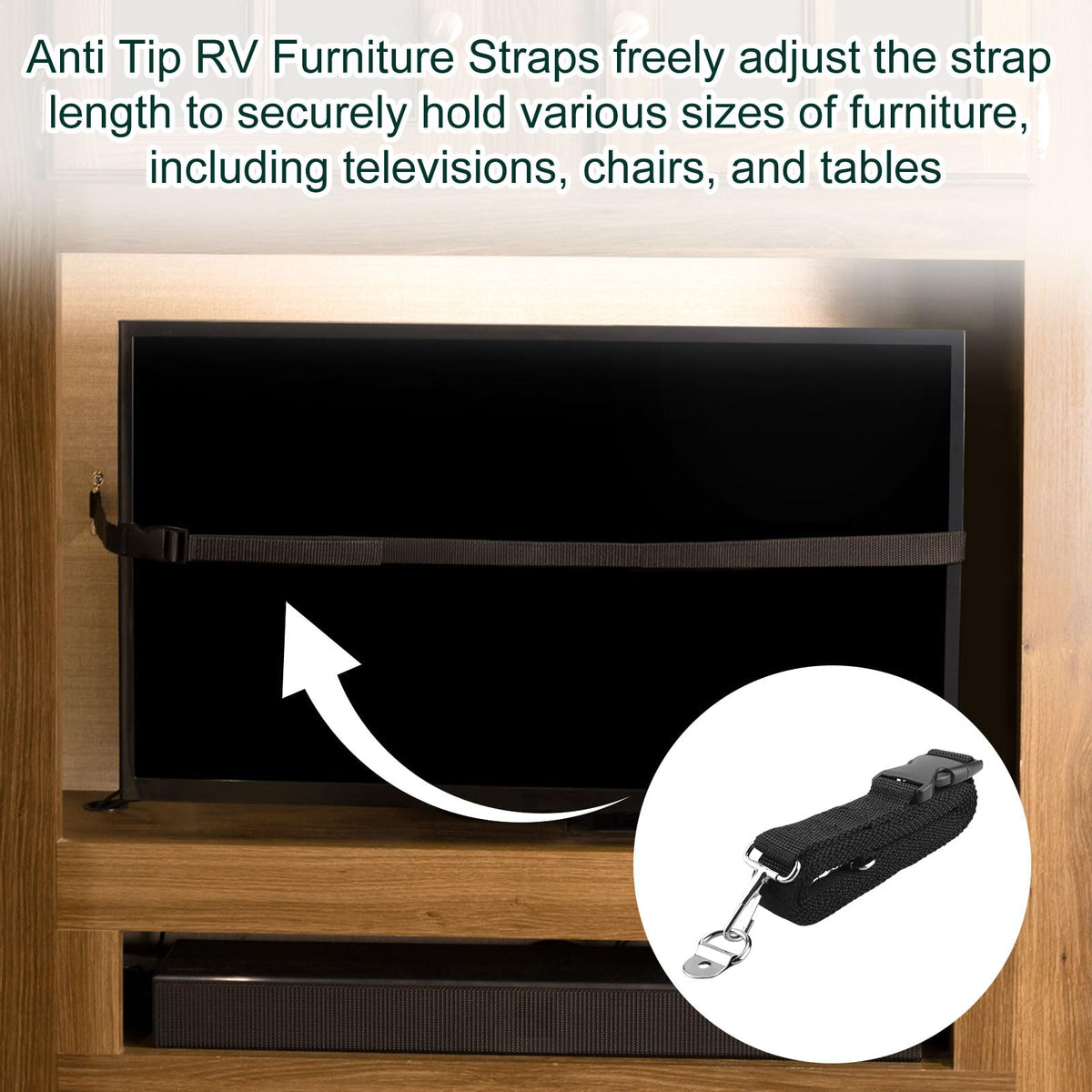 Malae straps in an RV interior lifestyle scene showing organized secure travel