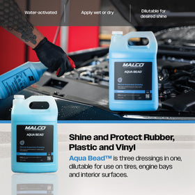 Malco Aqua Bead being sprayed on a tire for quick, high-gloss restoration