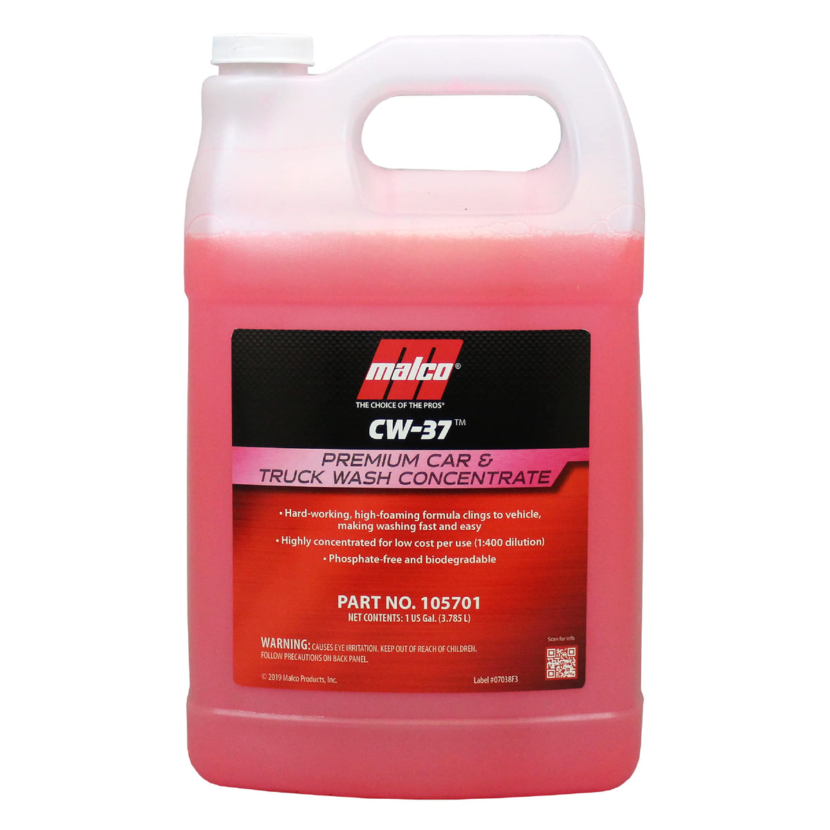 Malco CW-37 front label showing product name and gallon container benefit: clear identification