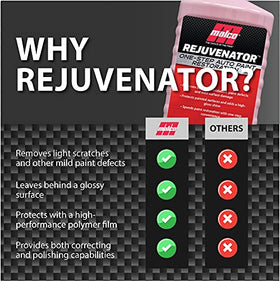 Malco before and after panel illustrating restored gloss and visible defect removal
