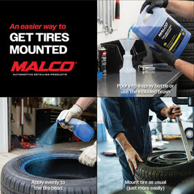 Malco bottle beside tire tools in workshop for efficient tire service