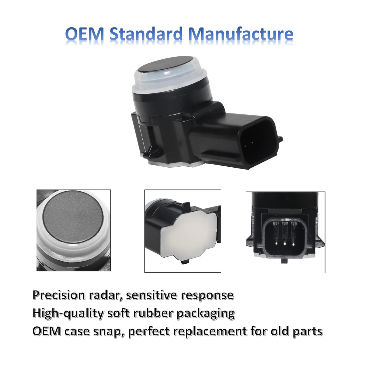 MANATEE sensor beside ruler showing compact OEM-fit size for correct bumper fitment