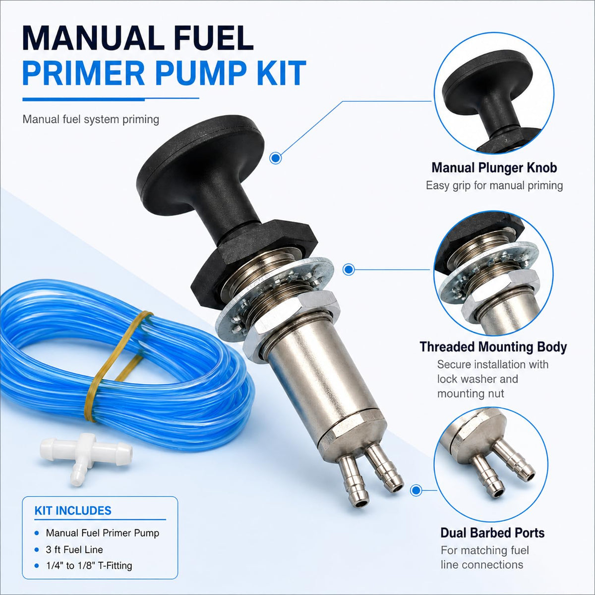 Manioiity kit components laid out showing pump, T fitting and fuel line