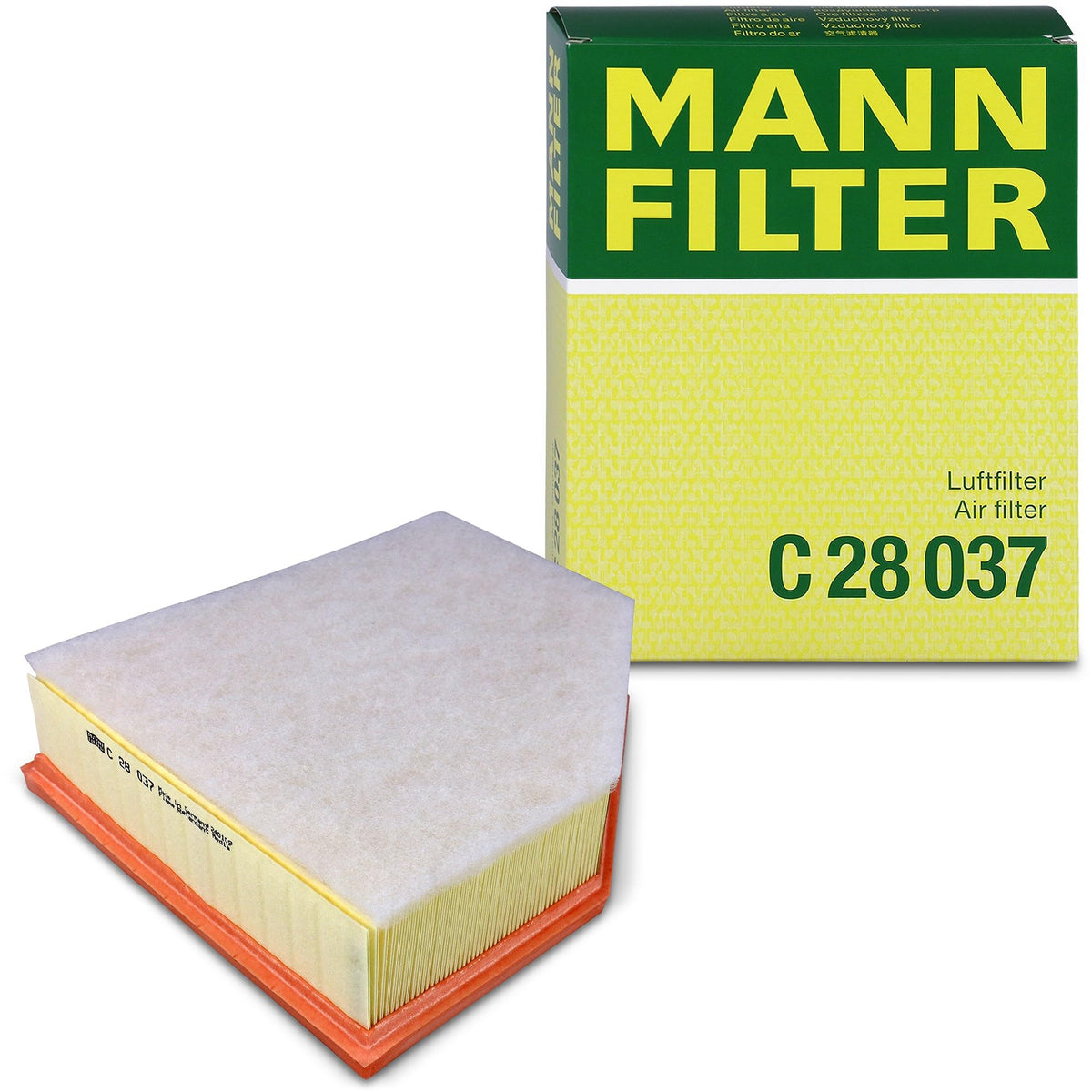 Mann Filter C 28 037 front packaging showing model and OE fit benefit