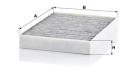 MANN-FILTER activated carbon layer close-up on CUK 23 014-2, highlights odor and gas adsorption