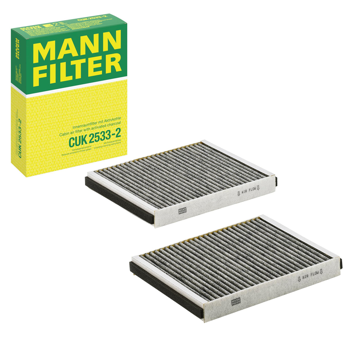 Mann Filter CUK 2533-2 front packaging showing model and benefit of cleaner cabin air
