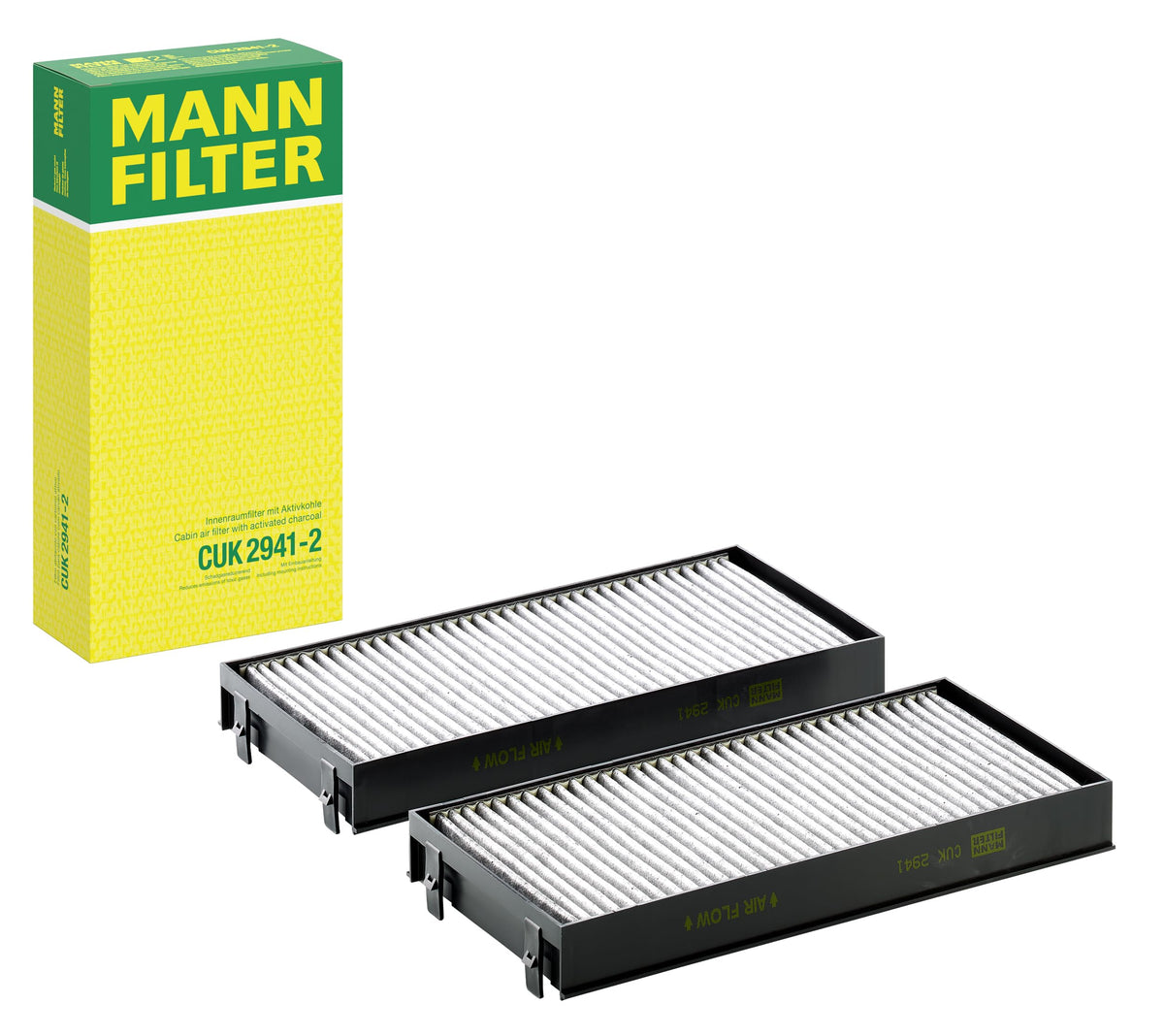 Mann Filter CUK 2941-2 front packaging showing product and benefits