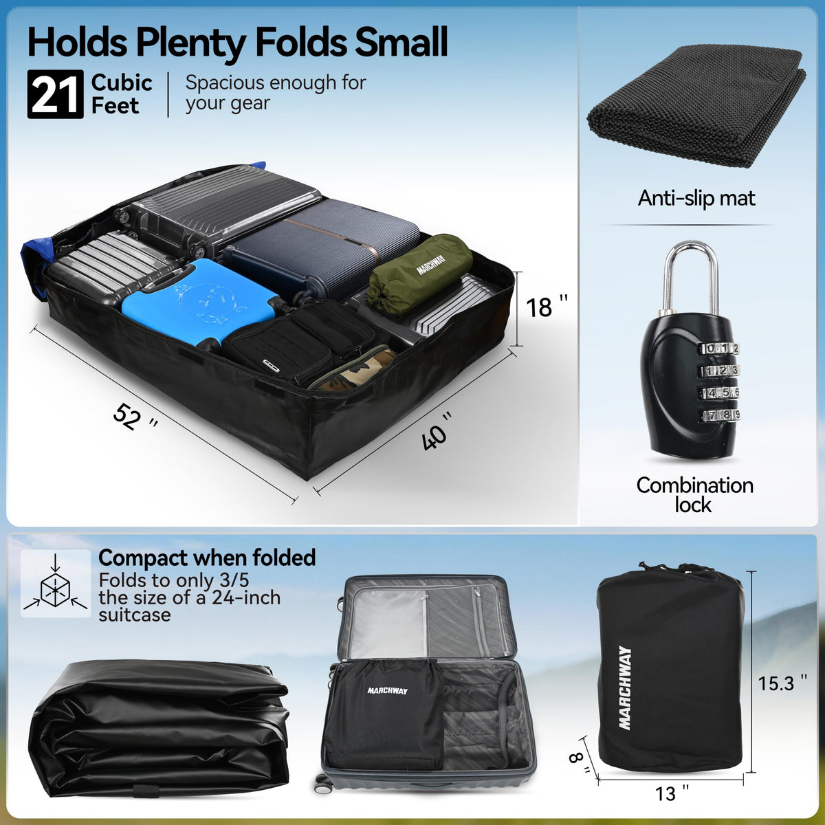 MARCHWAY rooftop bag loaded with luggage showing practical packing capacity