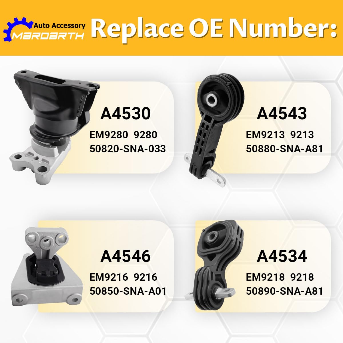 Mardarth four-piece mount kit laid out, shows complete replacement set for Civic 1.8L