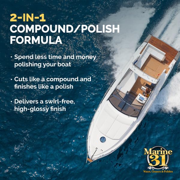 Marine 31 in use with orbital polisher on hull, demonstrates efficient oxidation removal benefit