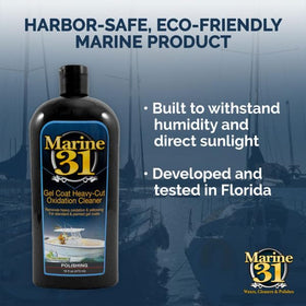 Marine 31 applied on boat hull in marina setting, illustrates harbor-safe cleaning and shine