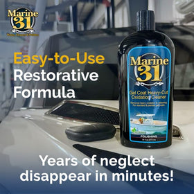 Marine 31 gel coat texture close-up showing smooth finish after use, highlights restored gloss
