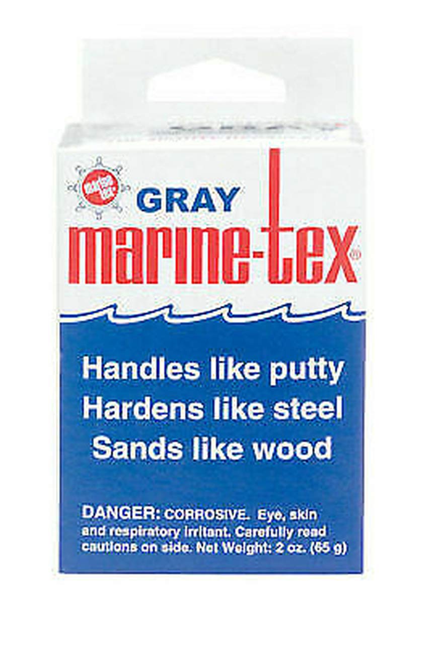 Marine Tex front label of 2 oz gray kit showing product and repair versatility