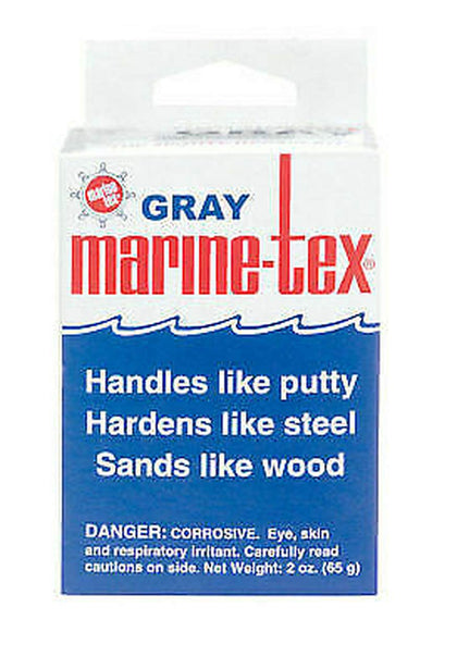 Marine Tex front label of 2 oz gray kit showing product and repair versatility