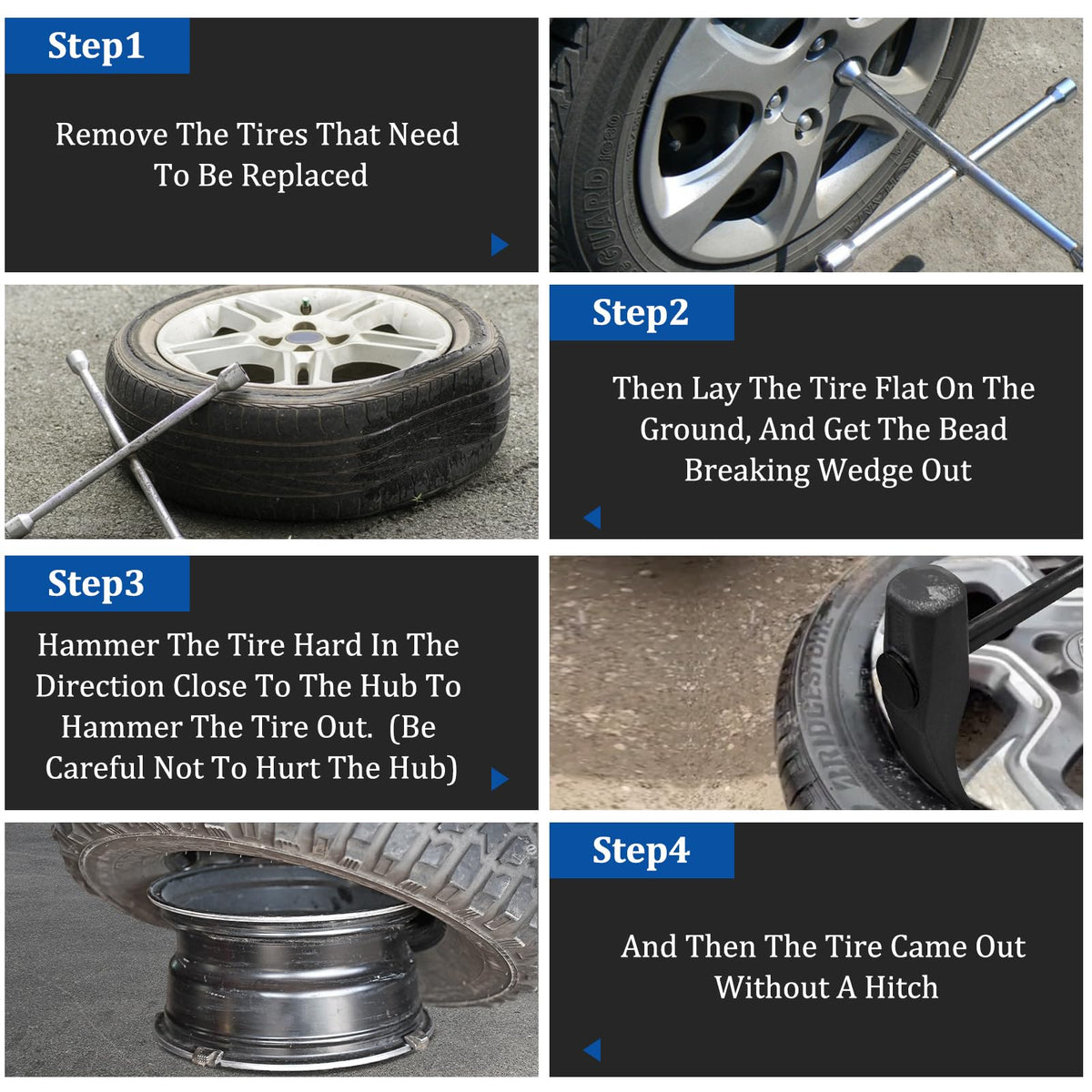 MARKETTY tool in use on car tire demonstrating fast bead separation and safe handling