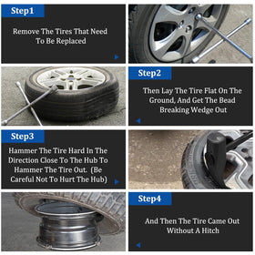 MARKETTY tool in use on car tire demonstrating fast bead separation and safe handling