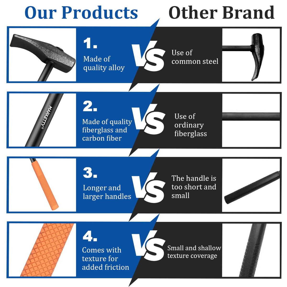 MARKETTY fiber-reinforced rods and steel head illustrating lightweight strength