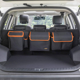MARKSIGN front view organizer hung on backseat showing tidy storage and easy access