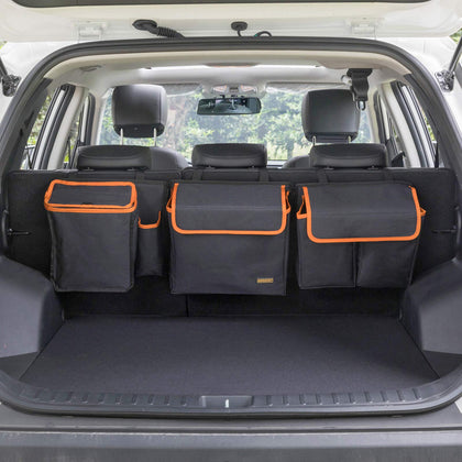 MARKSIGN front view organizer hung on backseat showing tidy storage and easy access