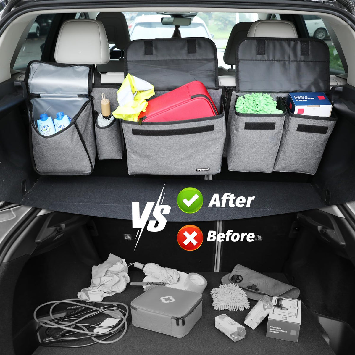 MARKSIGN organizer installed in SUV showing trunk space freed