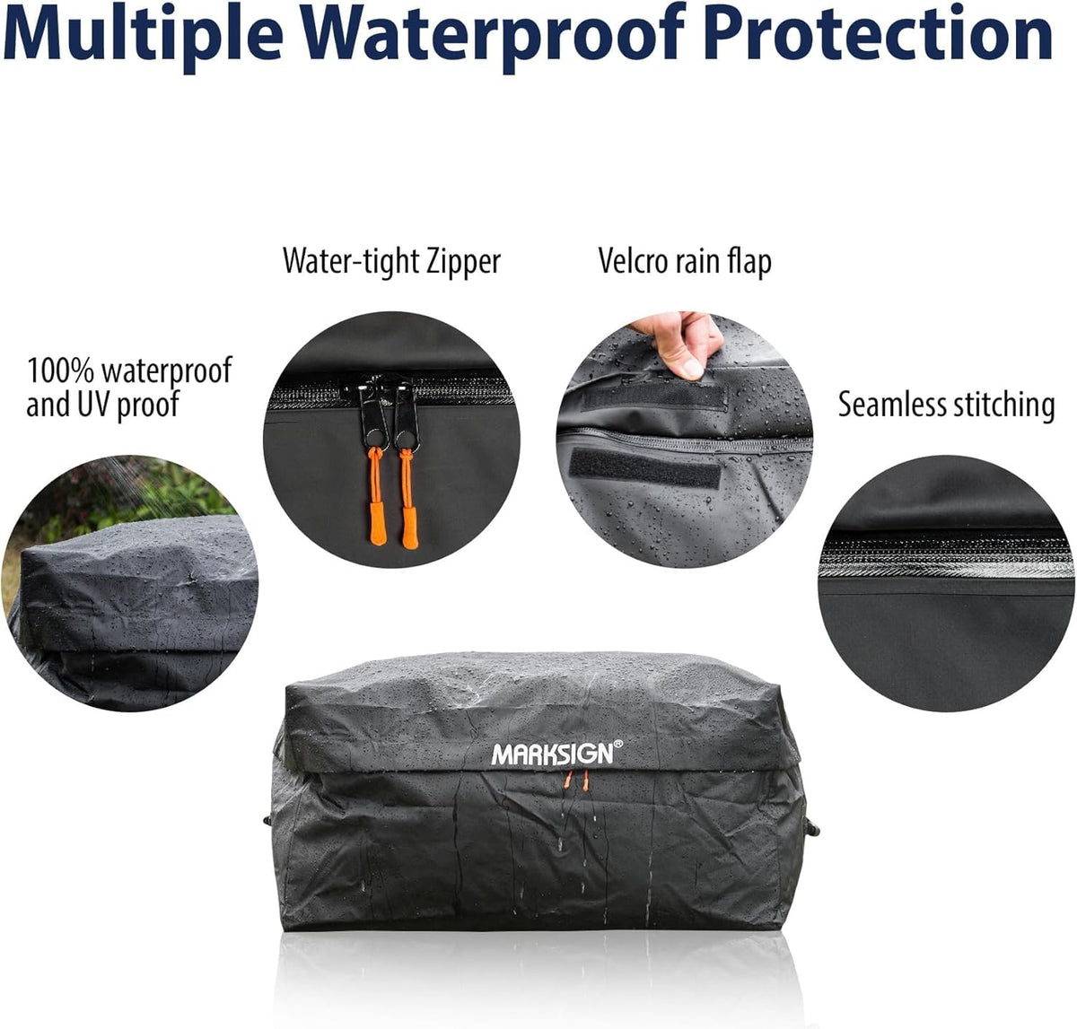 MARKSIGN zipper and Velcro rain flap detail blocking water and dust intrusion