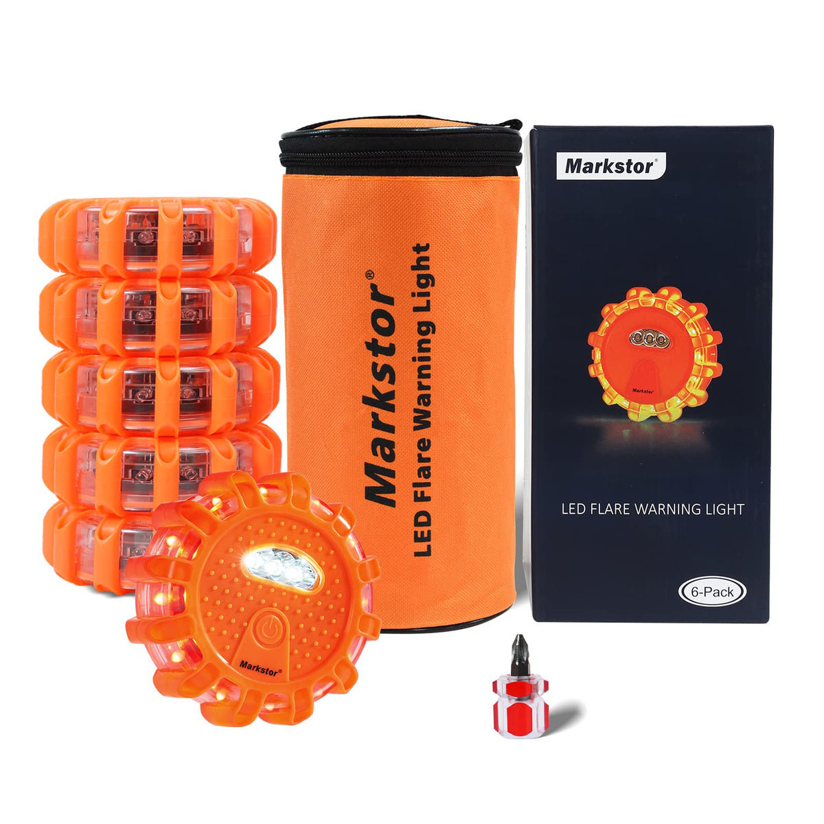 Markstor front packaging showing six LED flares and storage bag for quick identification and preparedness
