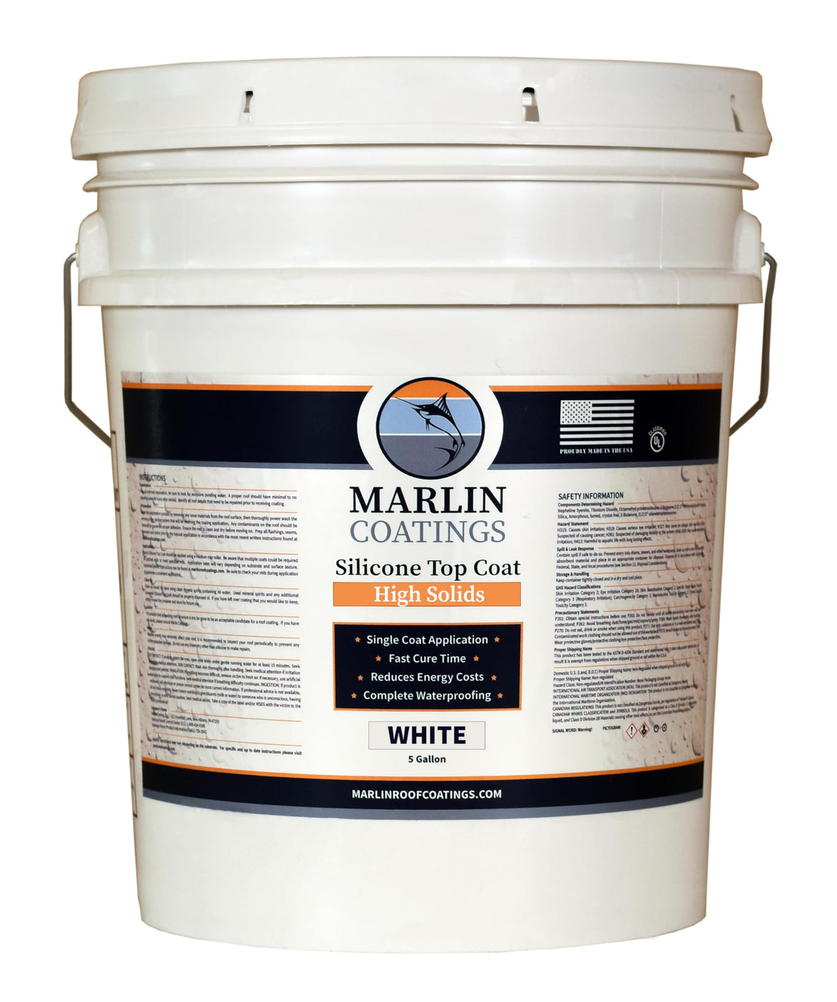 Marlin Coatings 5-gallon pail front view showing product label and clean packaging benefit