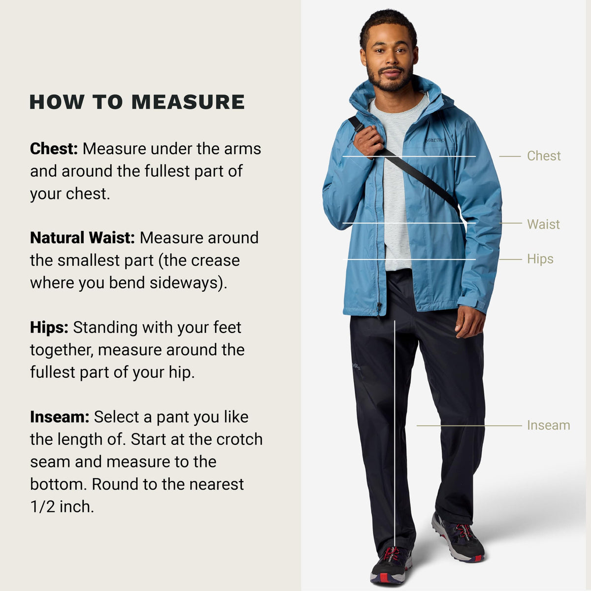 MARMOT hiker wearing pants in rain demonstrating breathability and motion