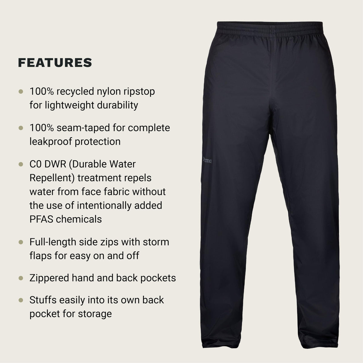 MARMOT pant packed into small pocket showing easy packability and saving space