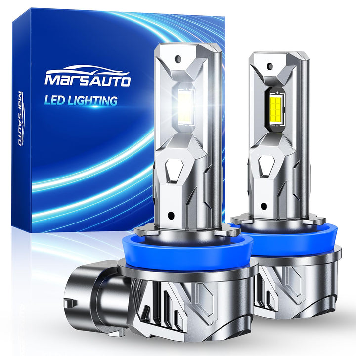 Marsauto front-facing pair of H11 H9 H8 bulbs showing compact shape and bright finish