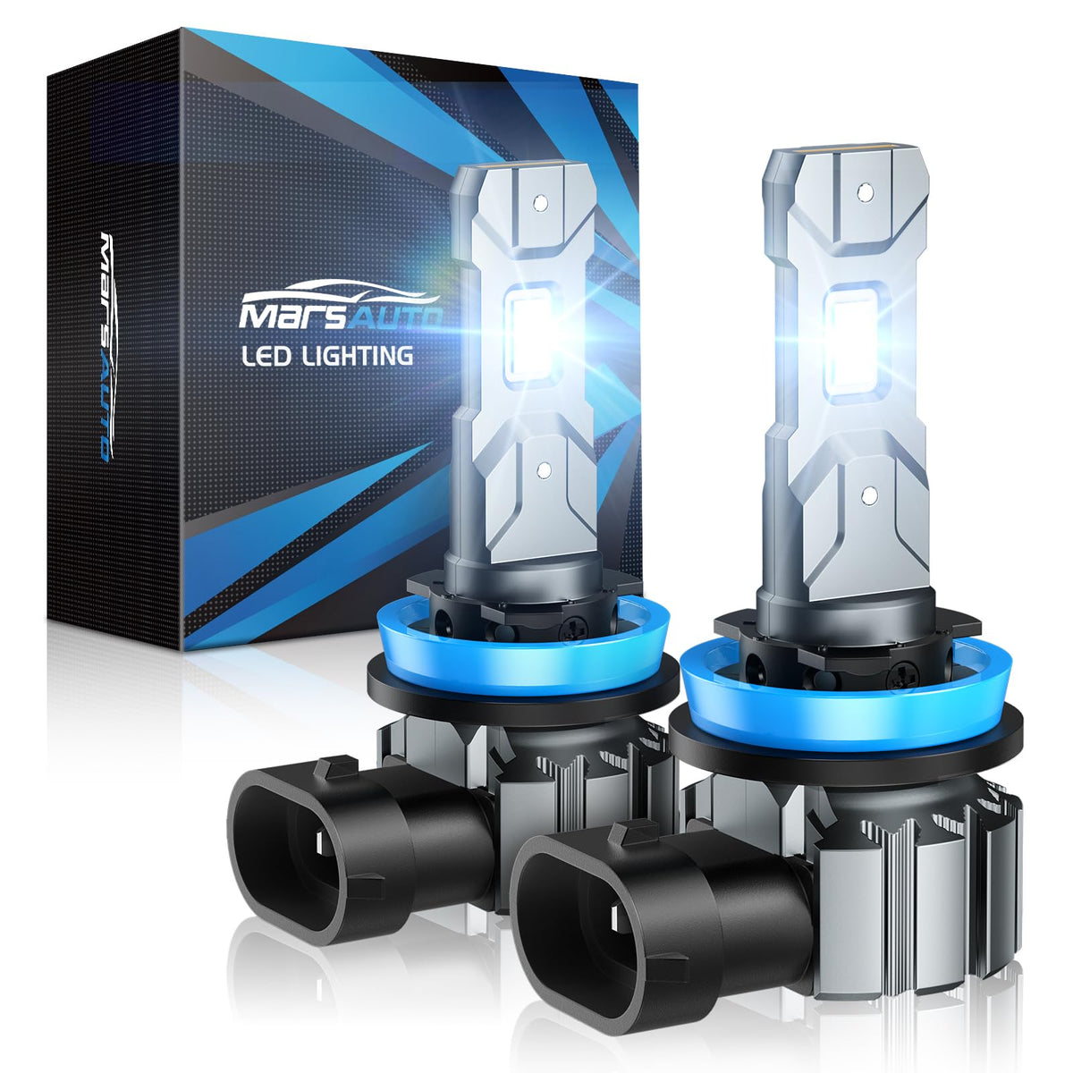 Marsauto H11 bulbs front view showing compact plug and cooling fan benefit improved fit