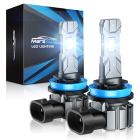 Marsauto H11 bulbs front view showing compact plug and cooling fan benefit improved fit