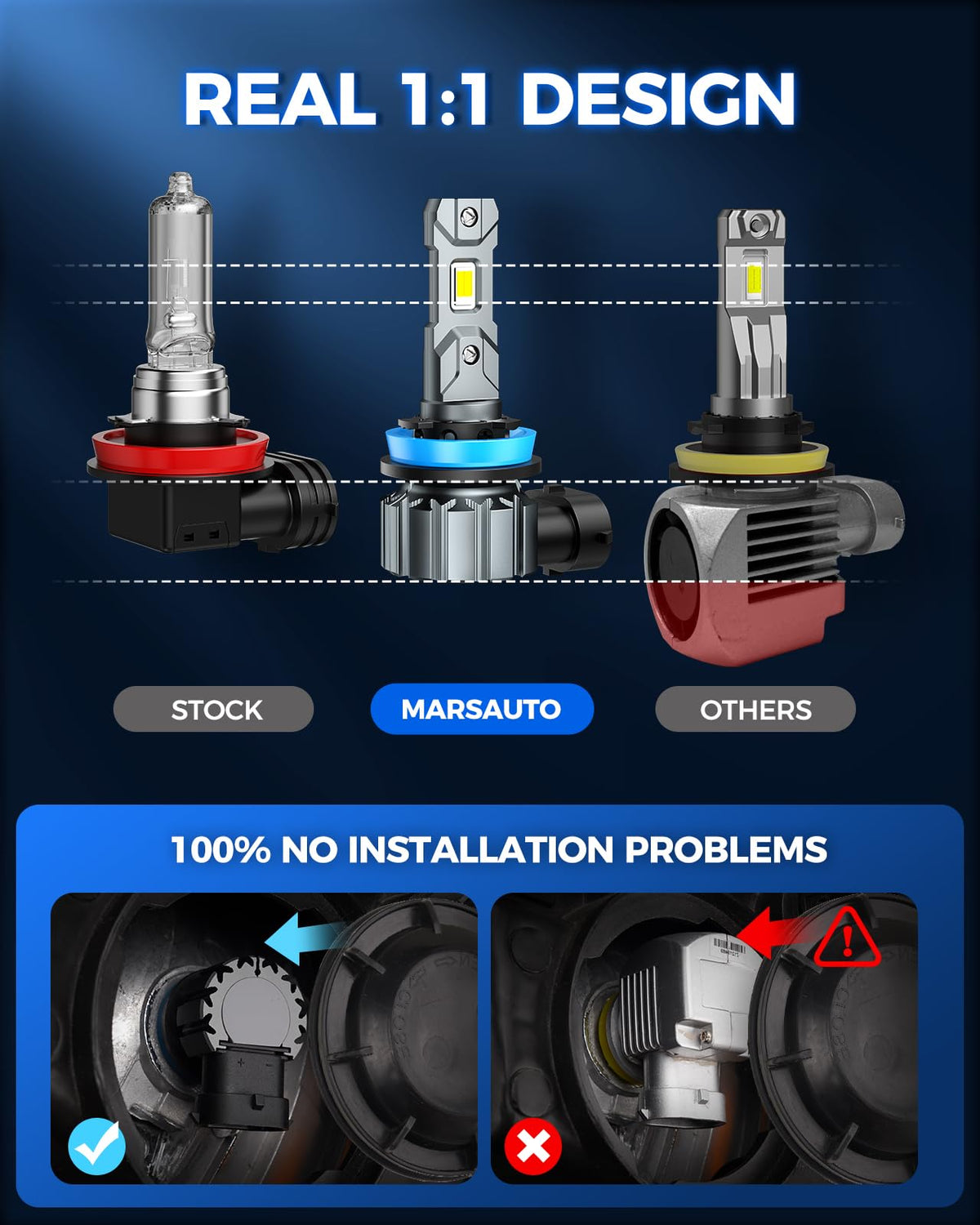 Marsauto bulb installed in headlamp demonstrating easy 3-minute plug-and-play installation