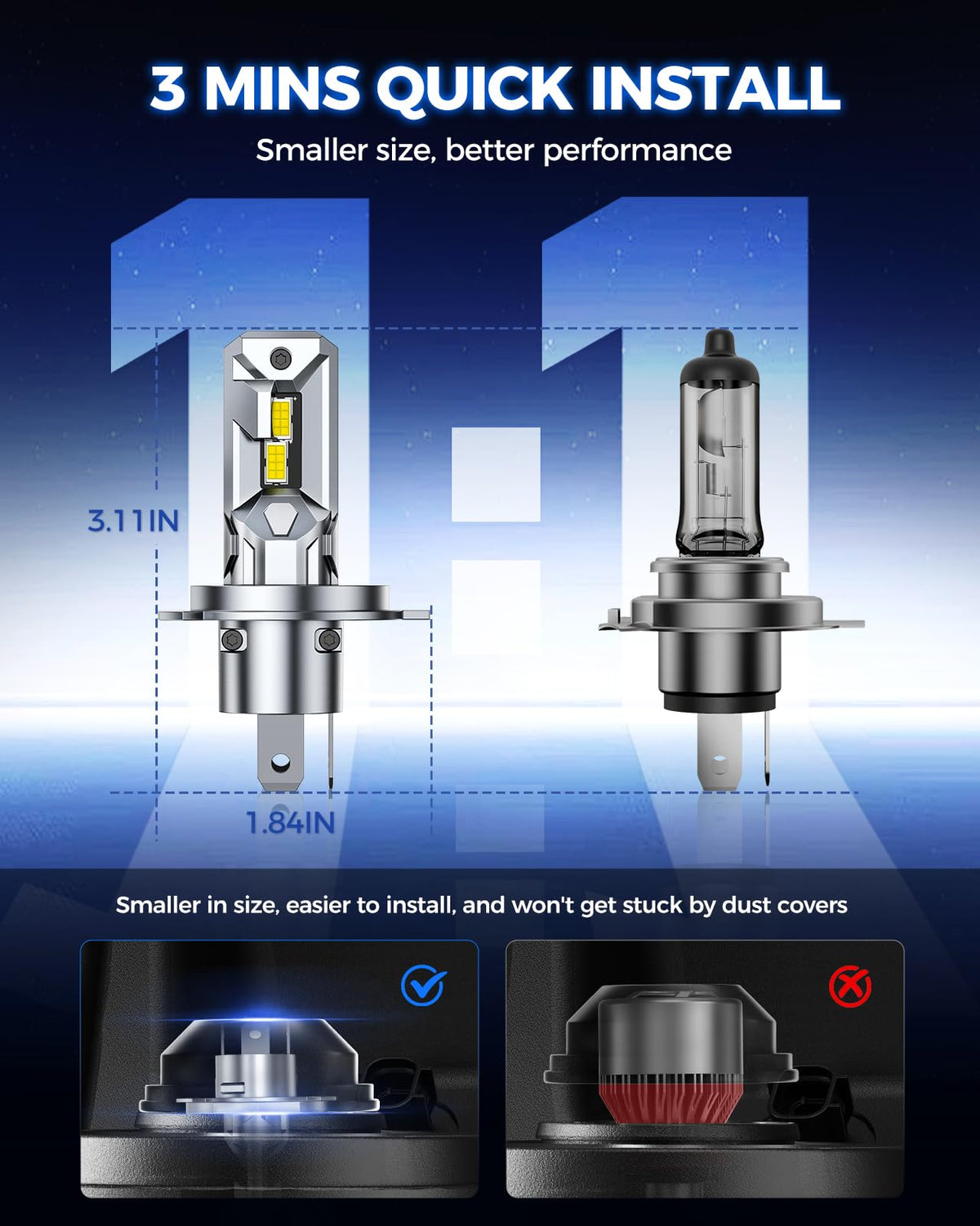 Marsauto bulb installed in headlight demonstrating sharp beam cutoff and focused road light