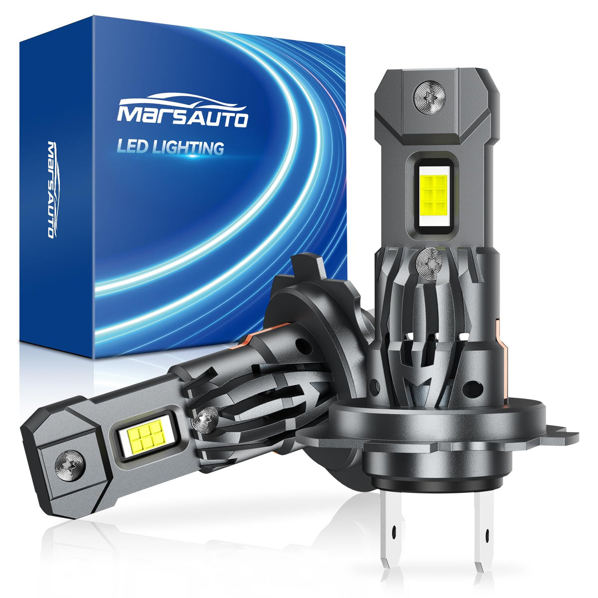 Marsauto H7 front packaging showing pack of two bulbs and benefits