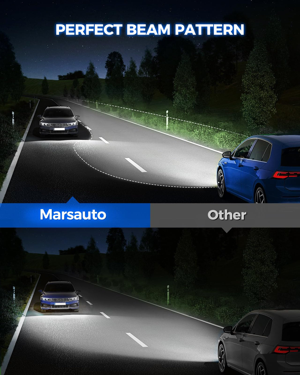 Marsauto H7 road beam at night showing brighter visibility and contrast