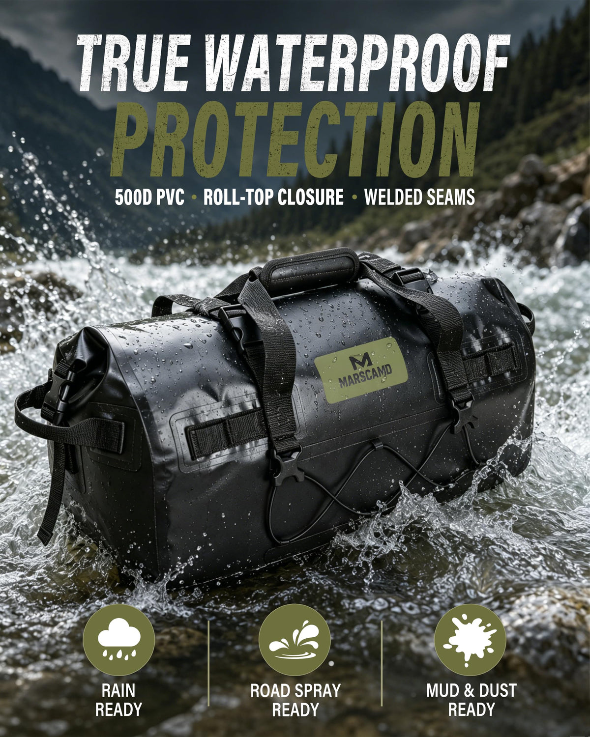 Marscamd close-up of welded seam and 500D PVC texture for durable waterproofing