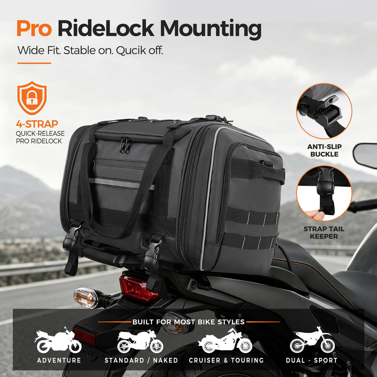 Marscamd tail bag expanded to full 40L capacity demonstrating extra packing room for trips