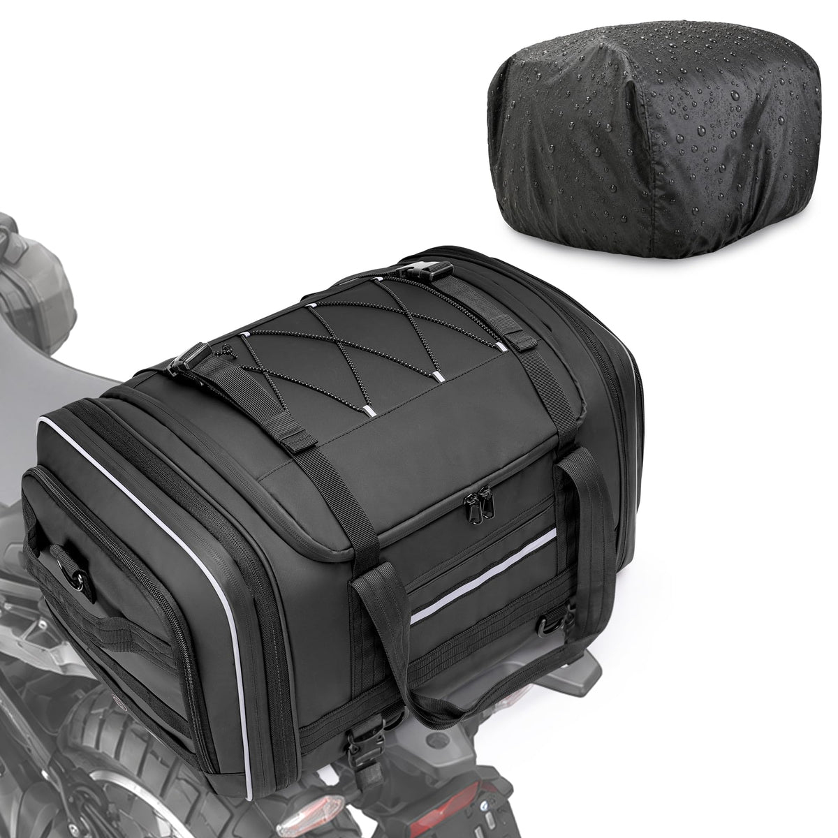 Marscamd tail bag front view showing compact profile and easy-access zippers for organized travel