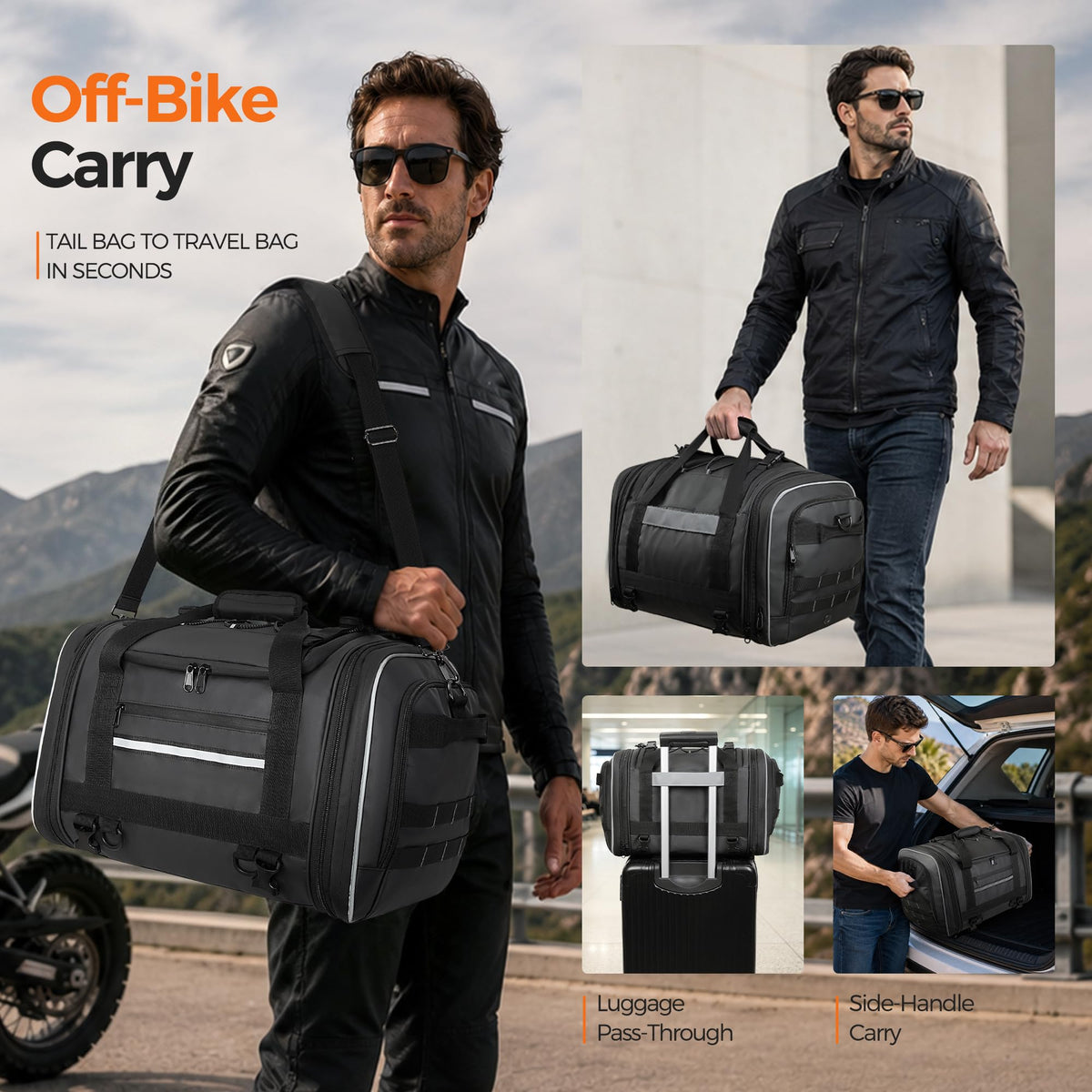 Marscamd tail bag mounted on motorcycle rear rack with quick-release straps for fast attachment