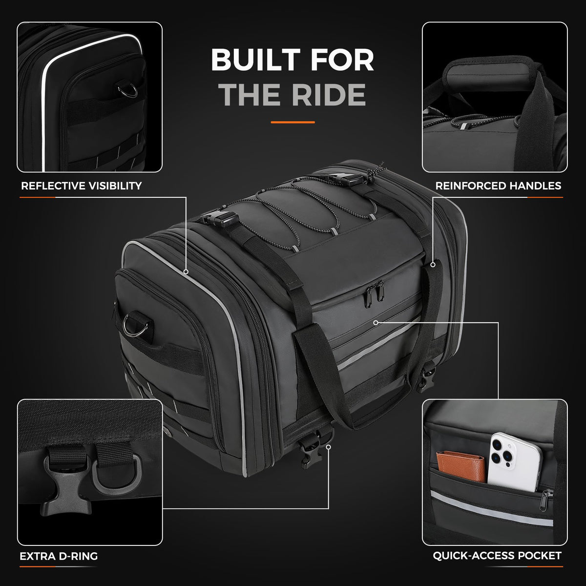 Marscamd tail bag reflective strip visible at night improving rider visibility and safety