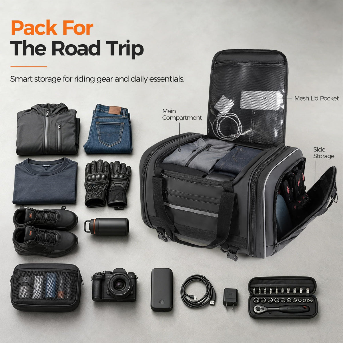Marscamd tail bag top showing elastic cord and sturdy handles for secure loads and easy carrying