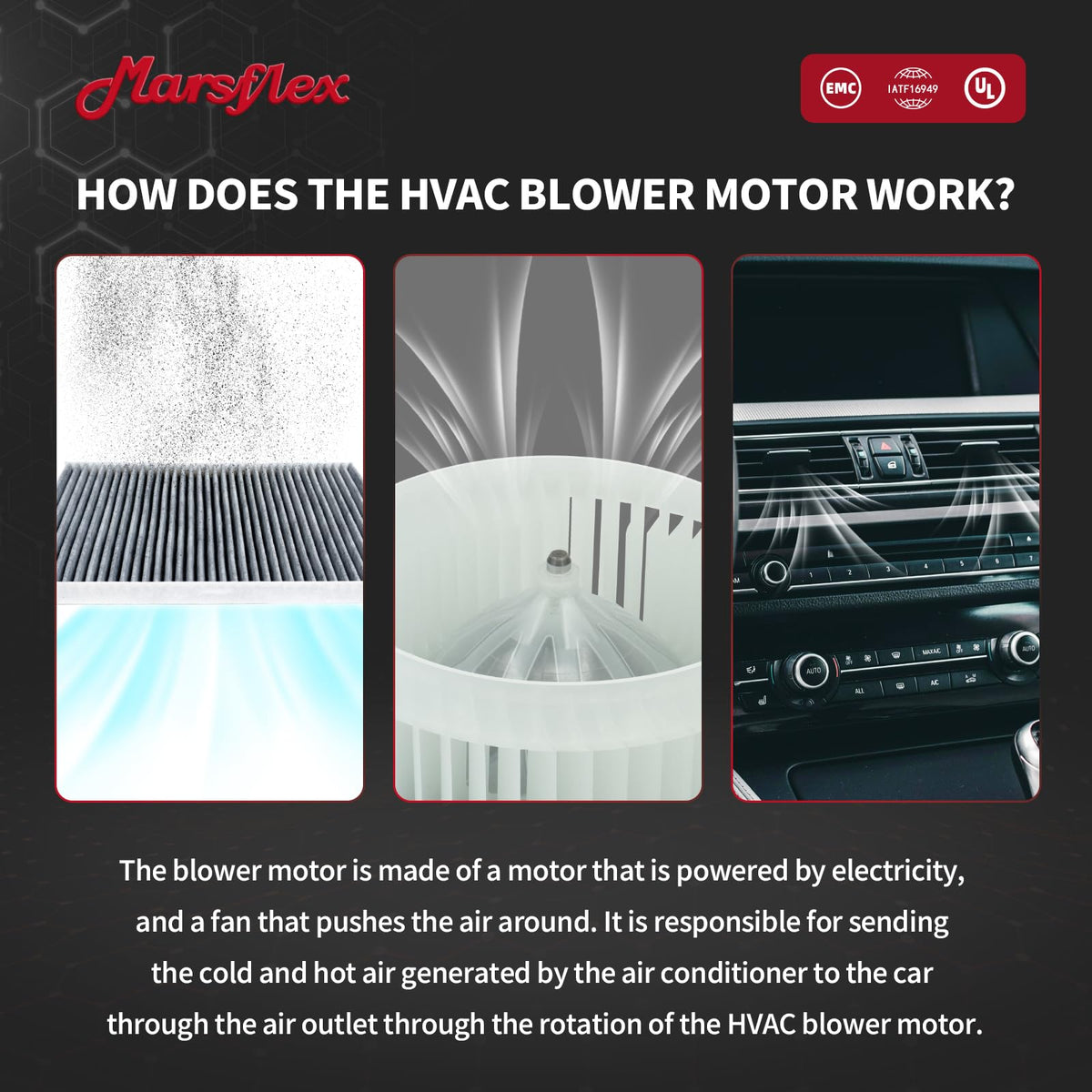Marsflex blower motor installed in Honda Civic dashboard demonstrating direct-fit replacement