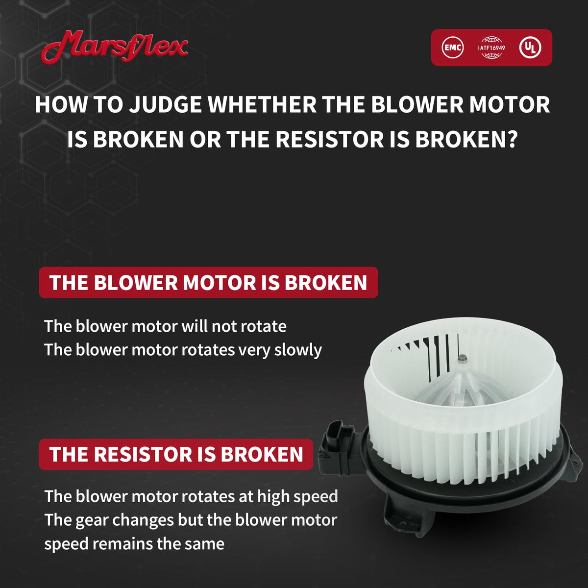 Marsflex blower motor side connector view showing plug fit for easy installation