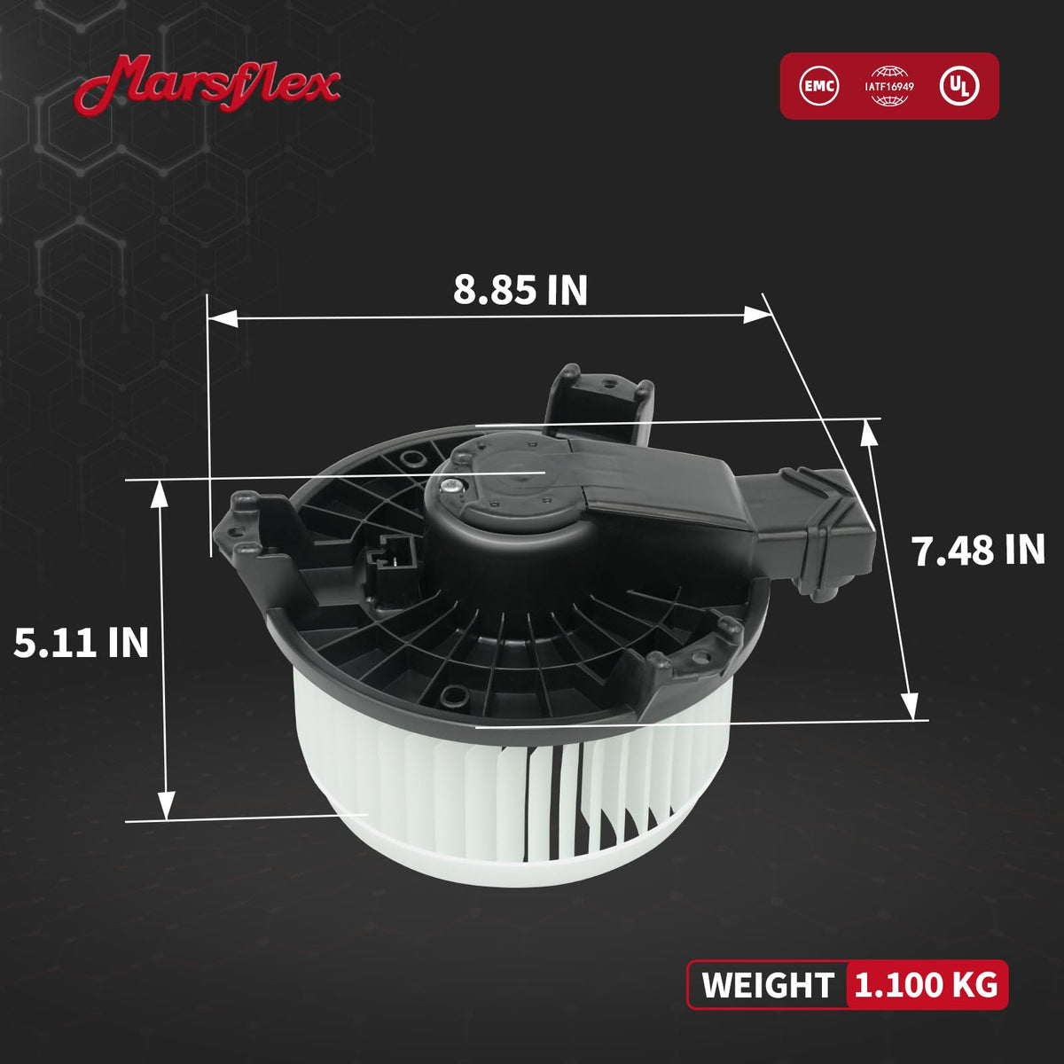 Marsflex blower motor next to ruler showing dimensions for accurate size verification