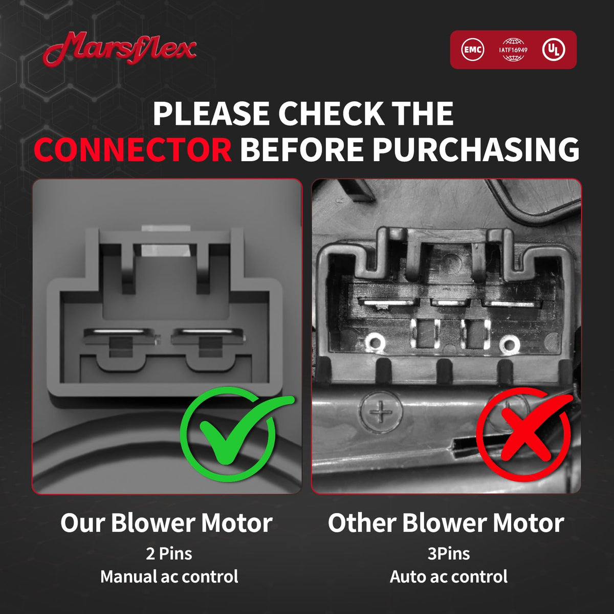Marsflex 2-pin connector detail ensuring manual AC compatibility and easy swap