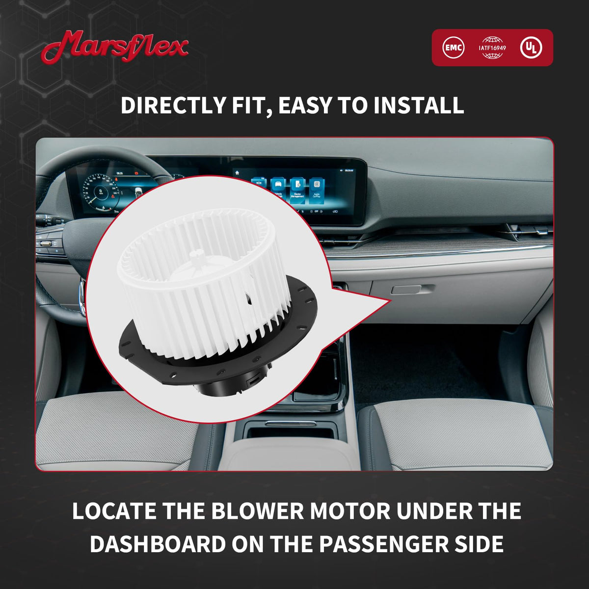 Marsflex blower motor installed in van dash demonstrating straightforward swap