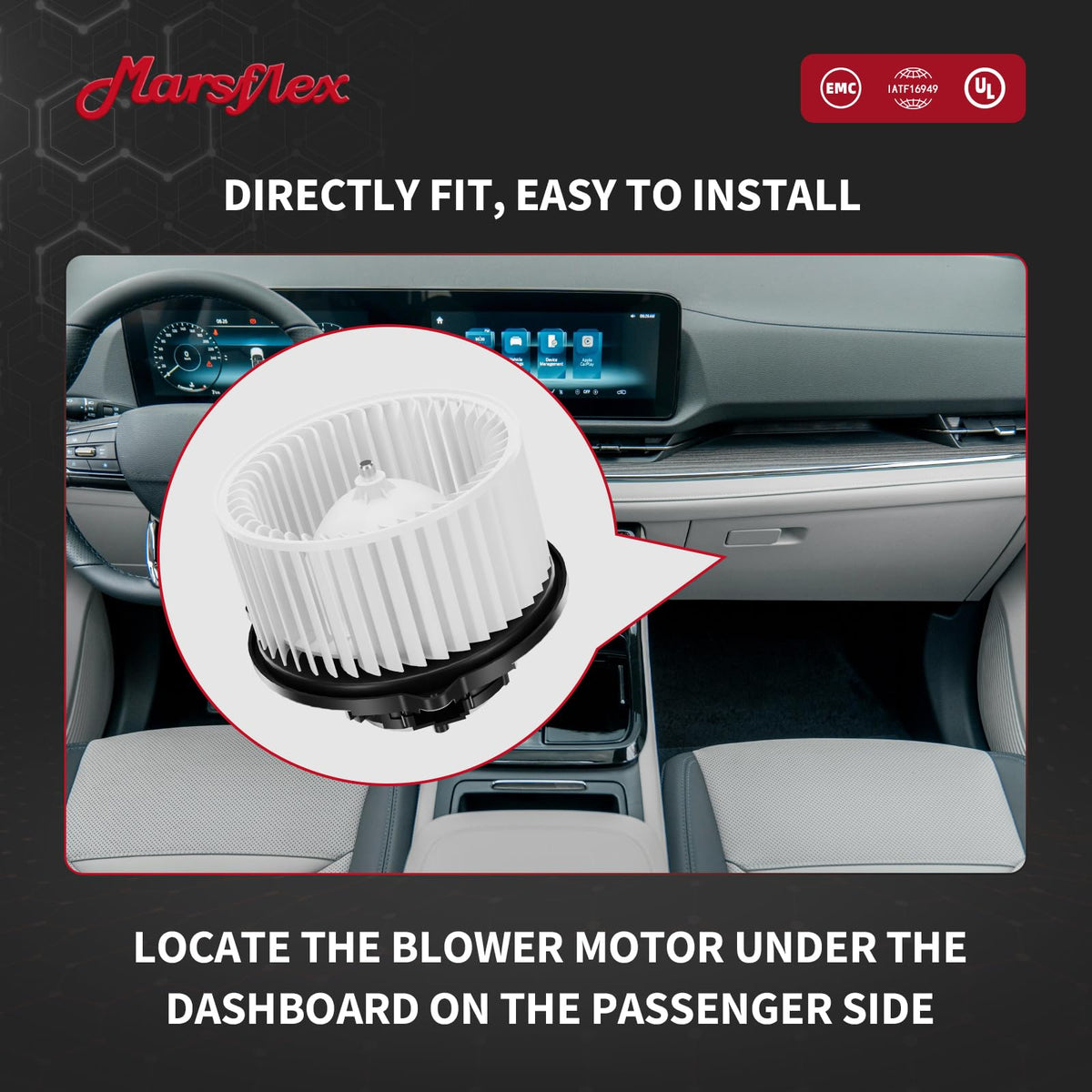 Marsflex side profile of blower motor showing compact form for easy install