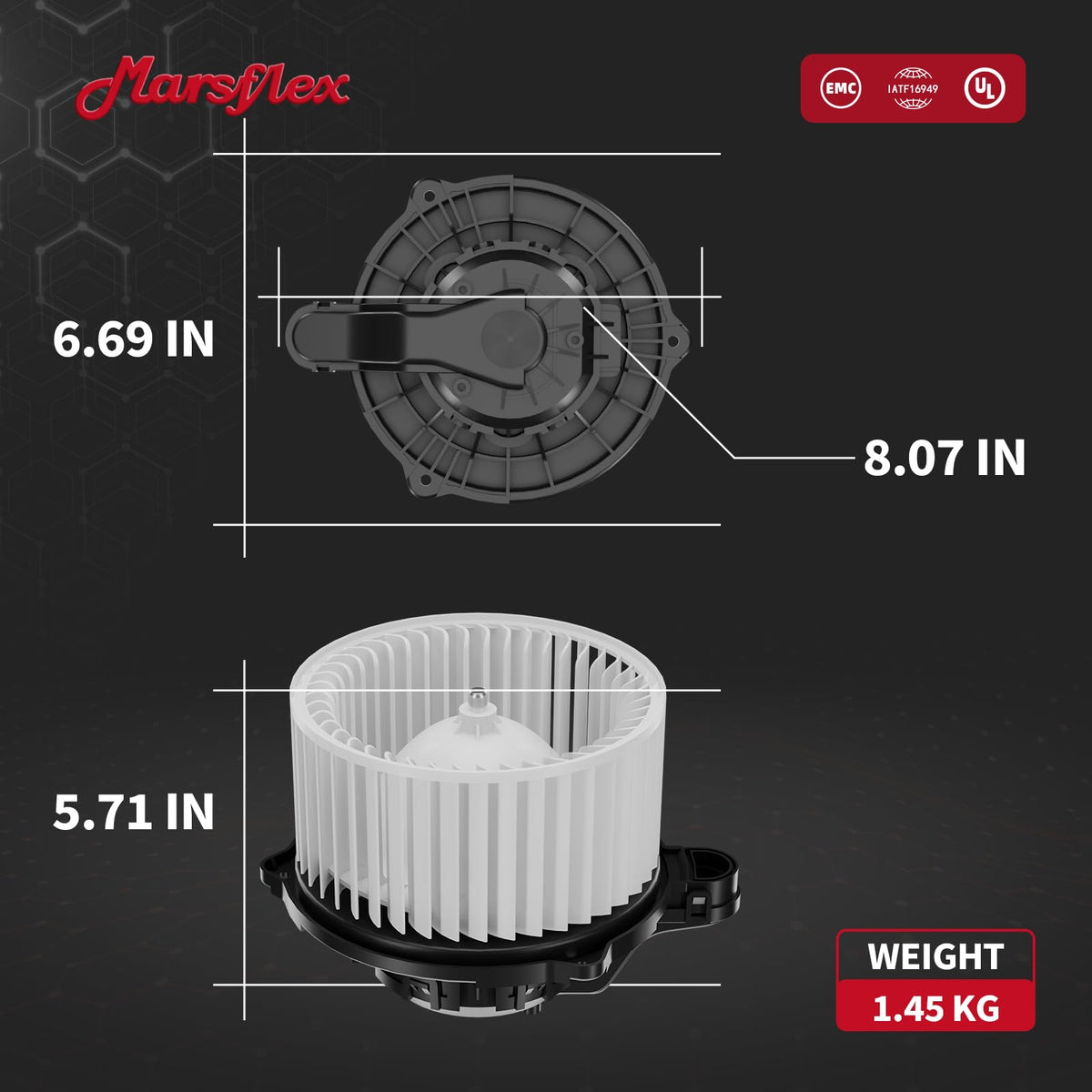 Marsflex blower motor next to ruler for scale demonstrating compact size